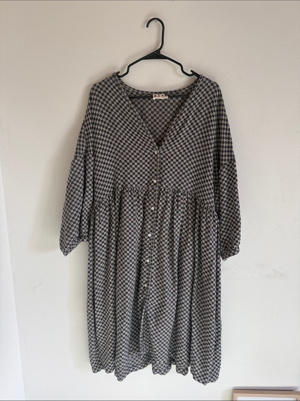 Beaton Linen Checkerboard Midi Dress in Black & Gray